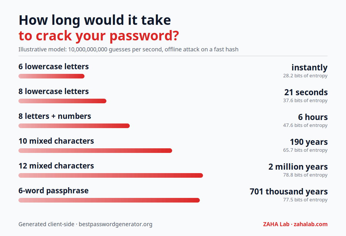 Chart: estimated time to crack passwords by pattern, from instantly for 6 lowercase letters to thousands of years for a 12-character mixed password or a 4-word passphrase