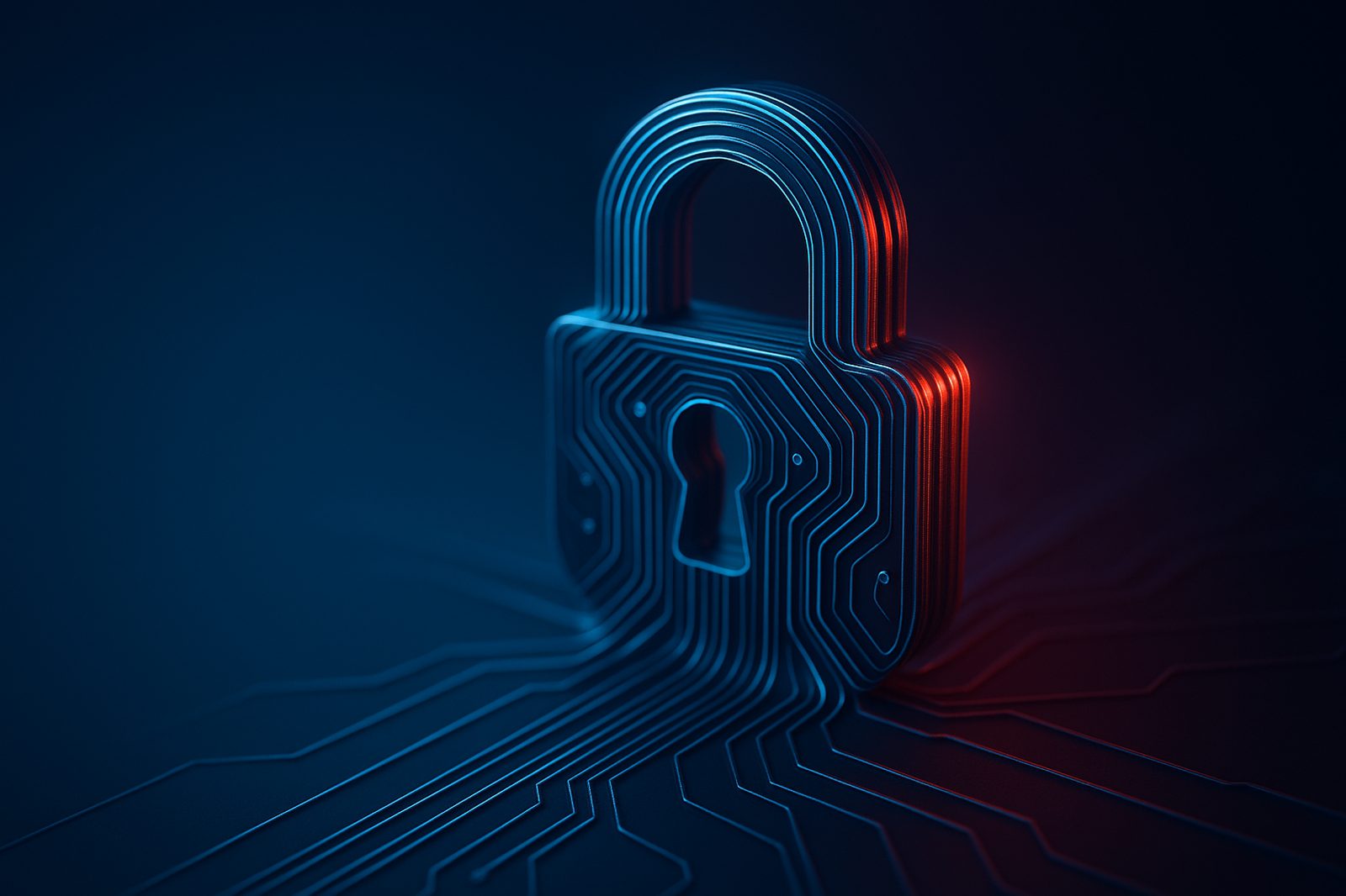 Abstract security artwork: a glowing padlock of circuit ribbons
